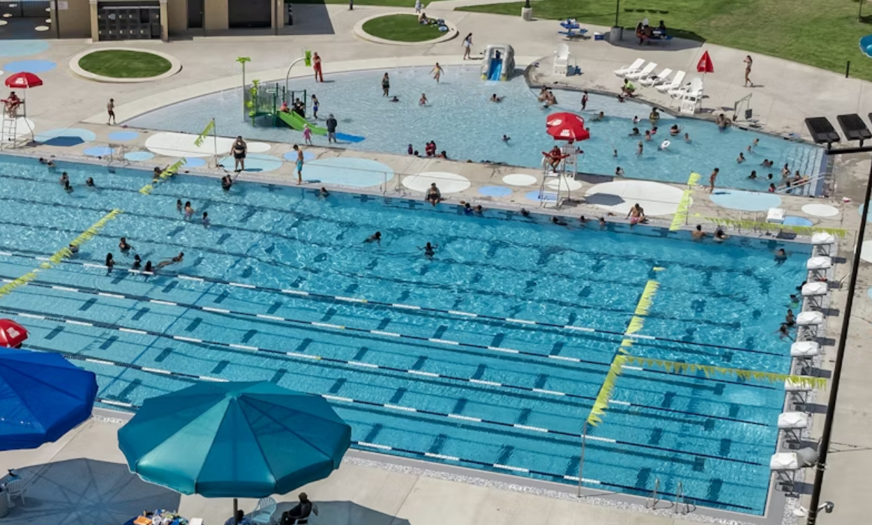 Overhead view of the Olympic-sized pool with the best starting blocks, Xcellerators-1