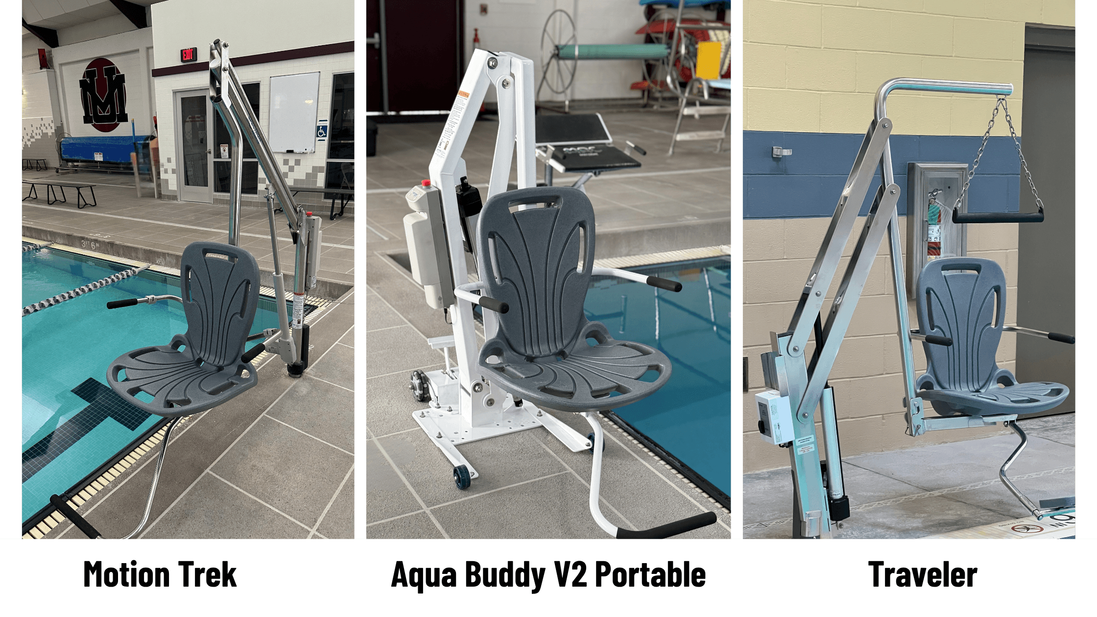 Motion Tre, Aqua Buddy V2 Portable, and Traveler ADA-Compliant Pool Chair Lifts