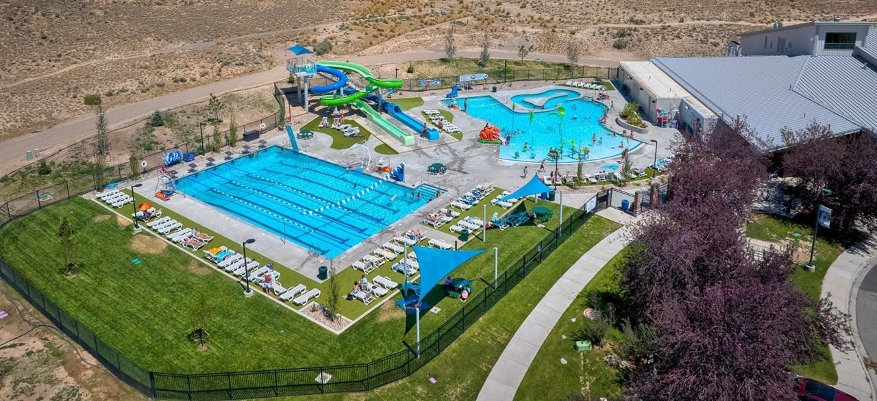 Overhead view of outdoor aquatic facility
