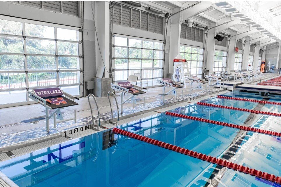 Stainless Steel Starting Blocks alongside a indoor pool