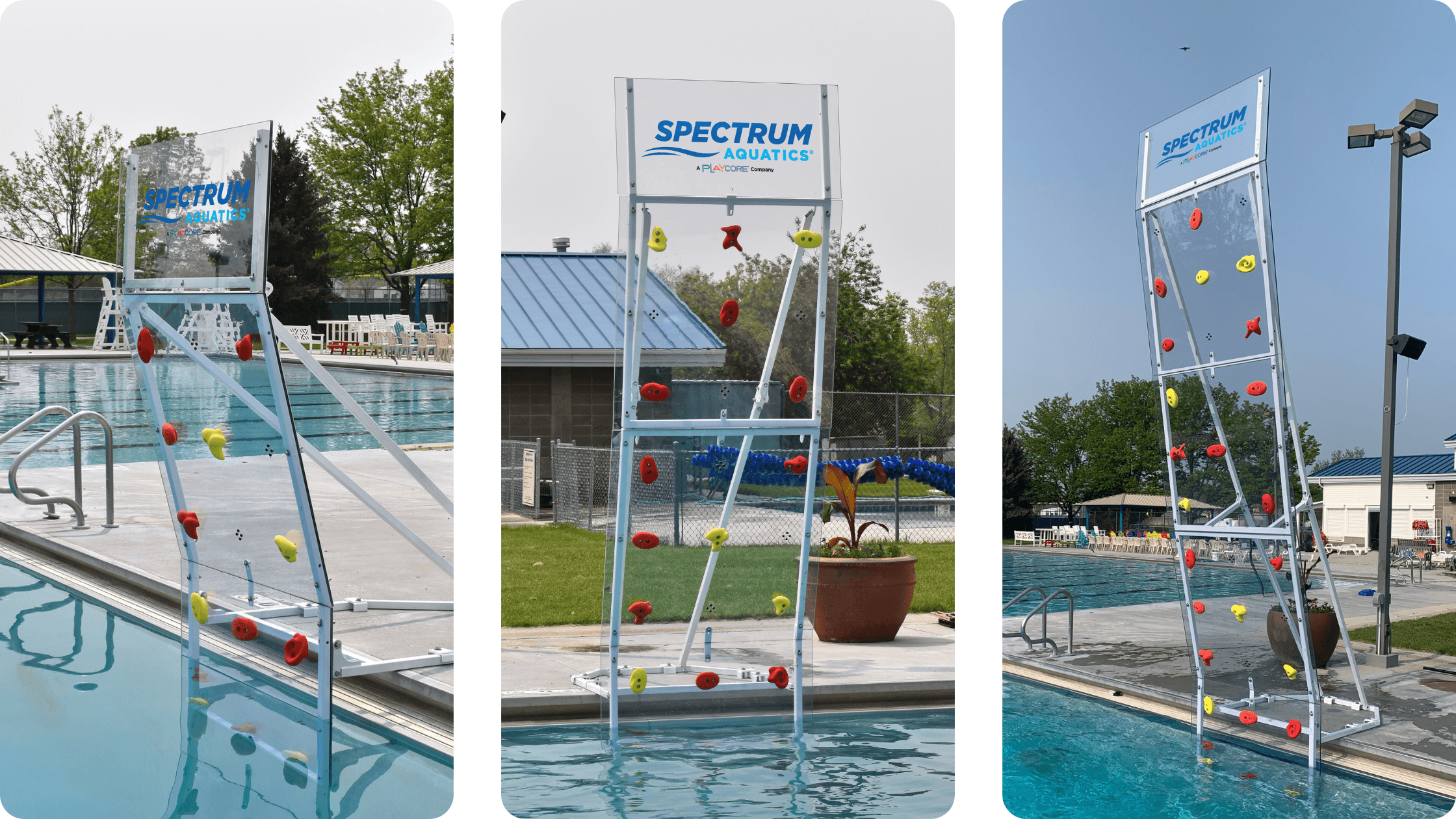 The three different sizes of Kersplash Challenger Pool Climbing Wall; 8ft., 12ft., 16ft.