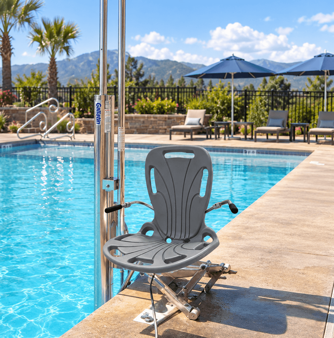 Gallatin hydraulic water powered ADA pool lift with new ergonomic seat